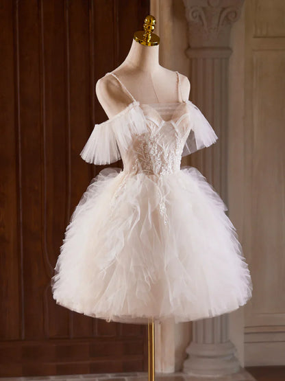 A-Line Tulle Layers Short Prom Dress, Light Champagne Spaghetti Strap Party Dress TP815