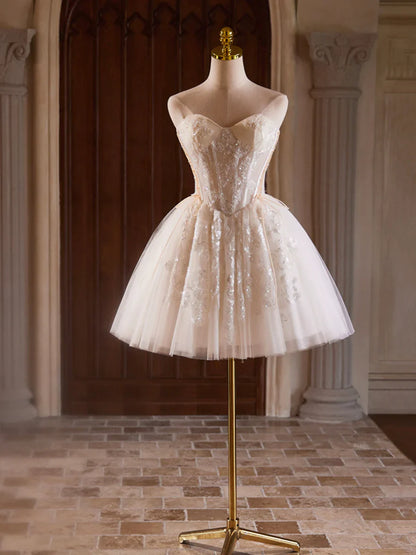 Champagne Strapless Tulle Sequins Short Prom Dress, Lovely Sweetheart Homecoming Party Dress TP816
