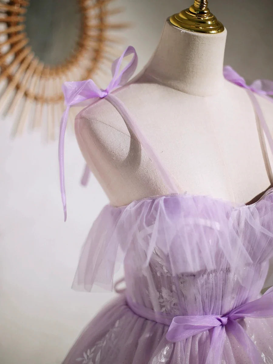 Lovely Spaghetti Strap Tulle Lace Short Prom Dress, Lavender A-Line Party Dress TP834