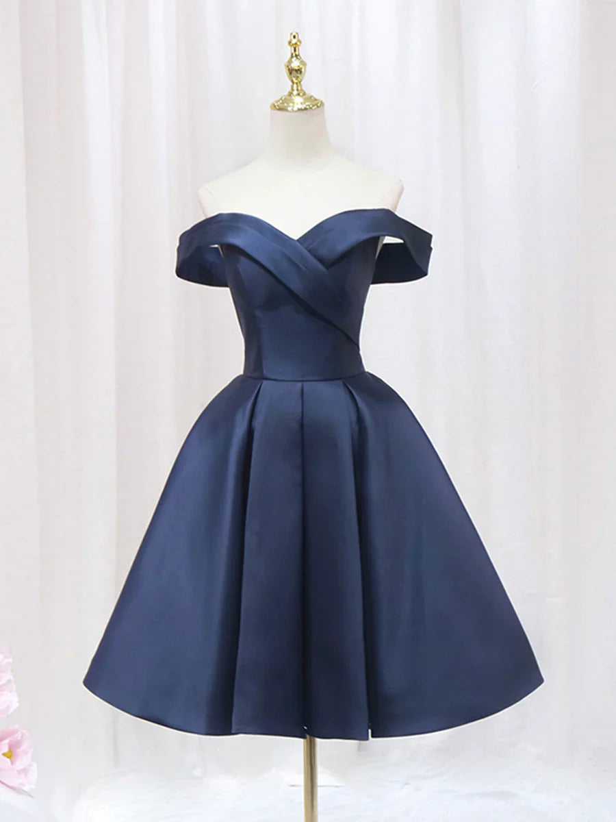 Blue V-neckline Satin Off Shoulder Party Dress, A-Line Blue Short Evening Prom Dress TP837