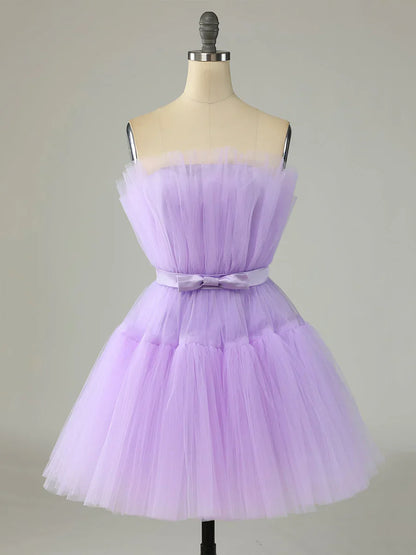 Purple Strapless Tulle Knee Length Party Dress, A-Line Homecoming Dress TP844