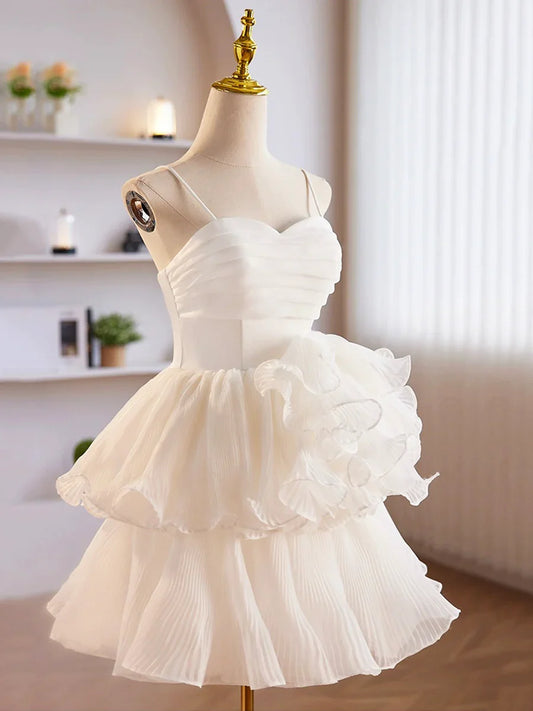 White Tulle Sweetheart Short Prom Dress, White Tulle Straps Party Dress TP845