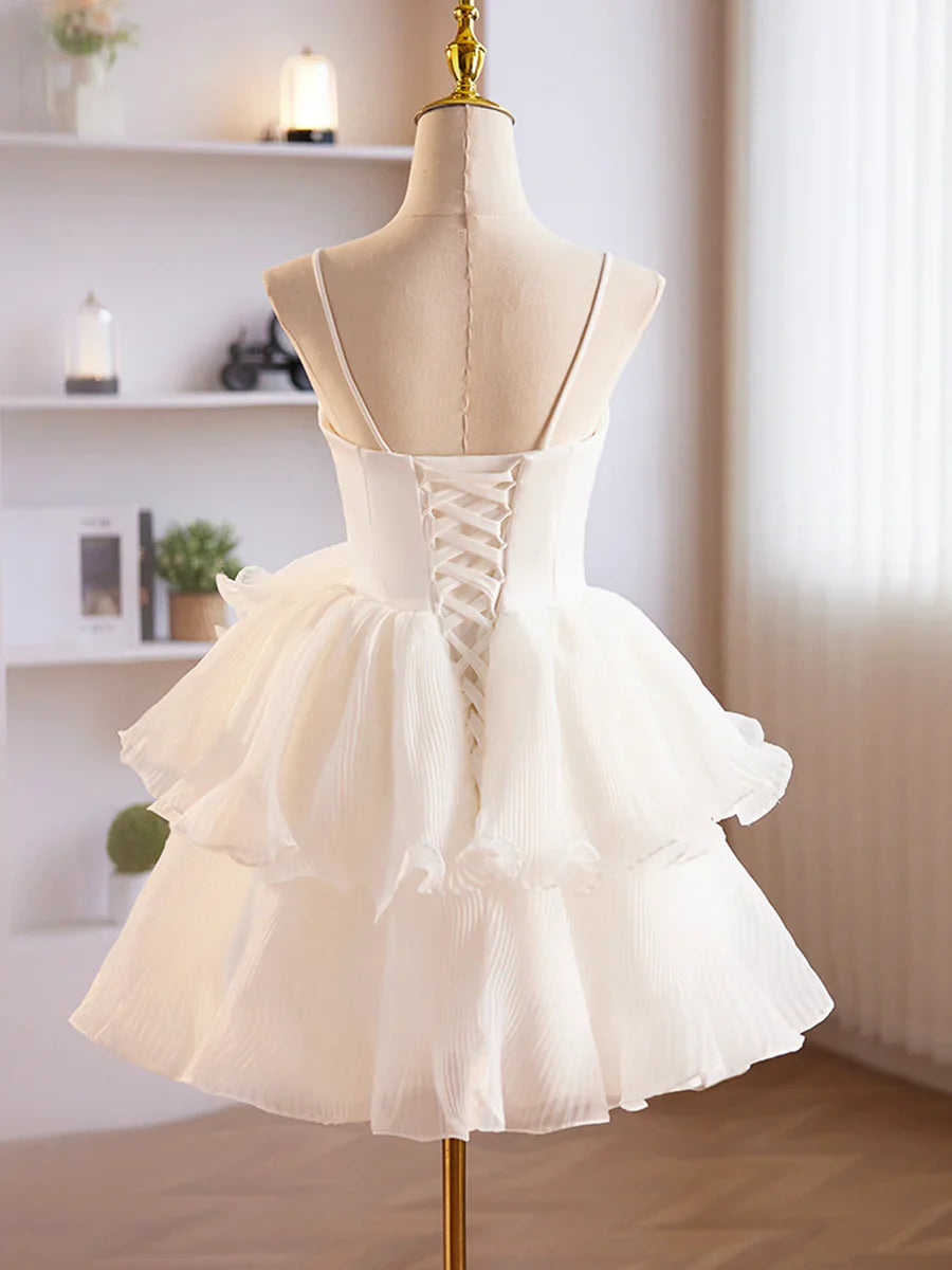 White Tulle Sweetheart Short Prom Dress, White Tulle Straps Party Dress TP845