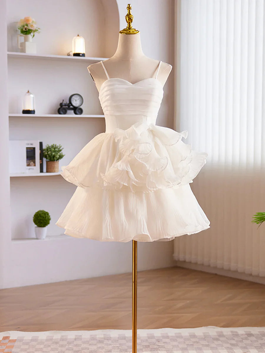 White Tulle Sweetheart Short Prom Dress, White Tulle Straps Party Dress TP845