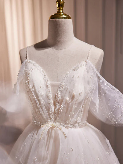 Ivory V-Neck Beaded Straps Party Dress, Ivory Knee Length Prom Dress TP851