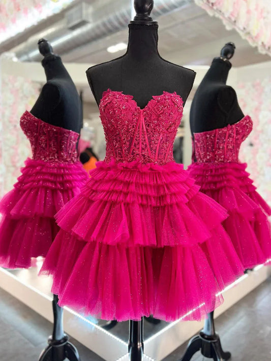 Cute Tulle Layers Short Prom Dress, Lace Strapless Homecoming Dress TP853