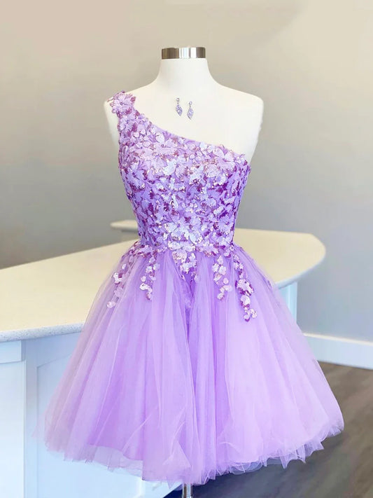 Cute Tulle Sequins Short Prom Dress, Purple One Shoulder Party Dress TP854