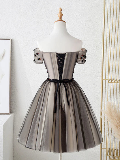 Cute Tulle Short Prom Dress with Flowers, Black Tulle Party Dress TP855