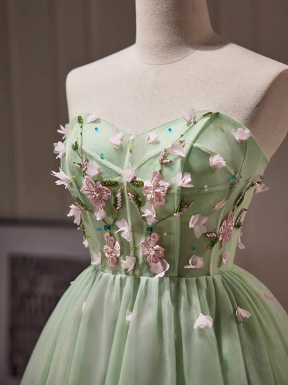 Green Tulle Beaded Party Dress, Green Short Prom Dress with Flowers TP857