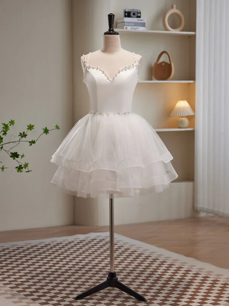White Spaghetti Strap Tulle Short Prom Dress, Cute A-Line Party Dress TP865