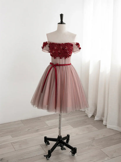 Cute Tulle Lace Short Prom Dress, Off the Shoulder Evening Dress TP870