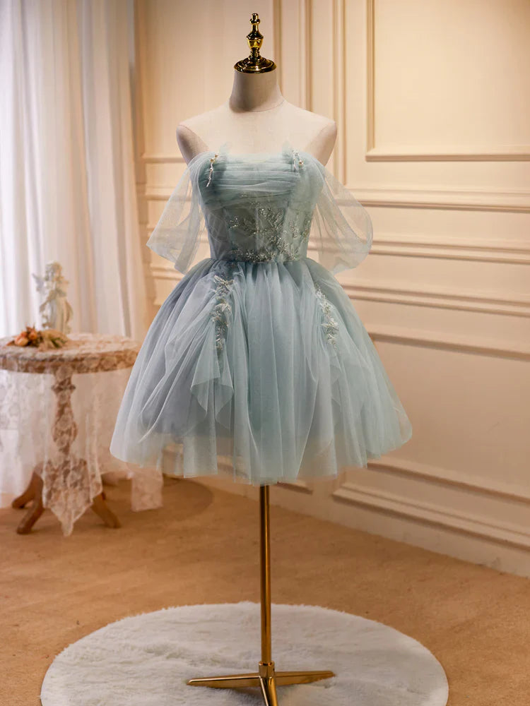 Green Tulle Beaded Short Prom Dress, Cute Off Shoulder Homecoming Dress TP871