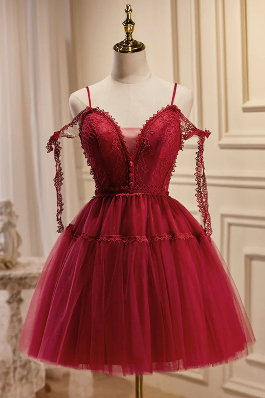 Burgundy Lace Short A-line Prom Dress, Cute Spaghetti Strap Party Dress TP873