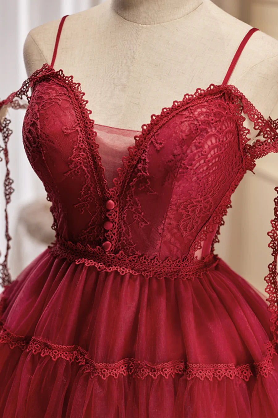 Burgundy Lace Short A-line Prom Dress, Cute Spaghetti Strap Party Dress TP873