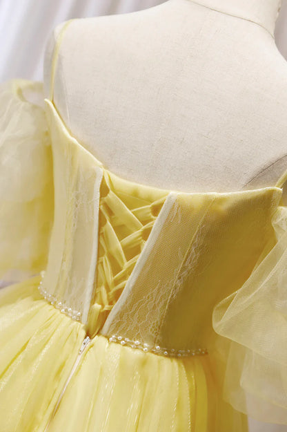Yellow Lace Short Prom Dress, Off the Shoulder Homecoming Dress TP881