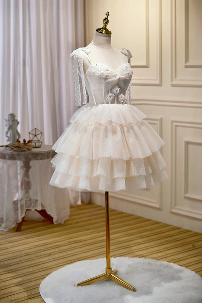Champagne Lace Short Party Dress, A-Line Spaghetti Strap Evening Dress TP882