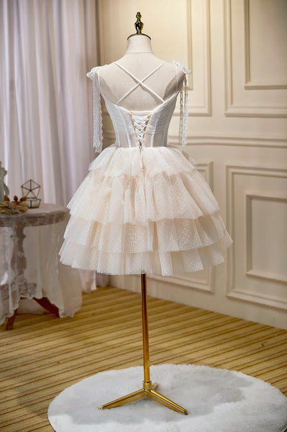 Champagne Lace Short Party Dress, A-Line Spaghetti Strap Evening Dress TP882