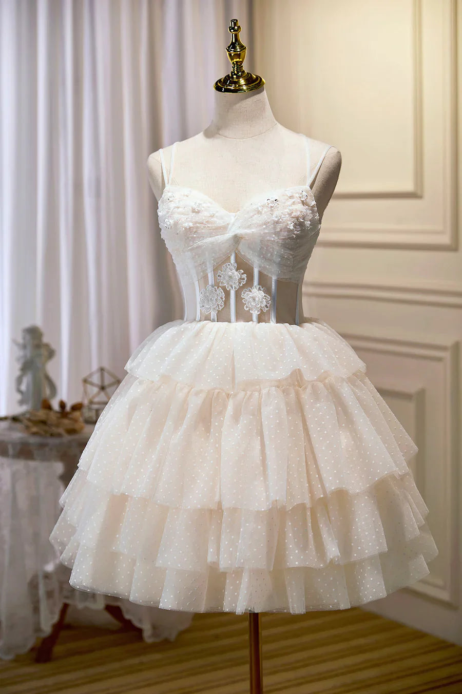 Champagne Lace Short Party Dress, A-Line Spaghetti Strap Evening Dress TP882
