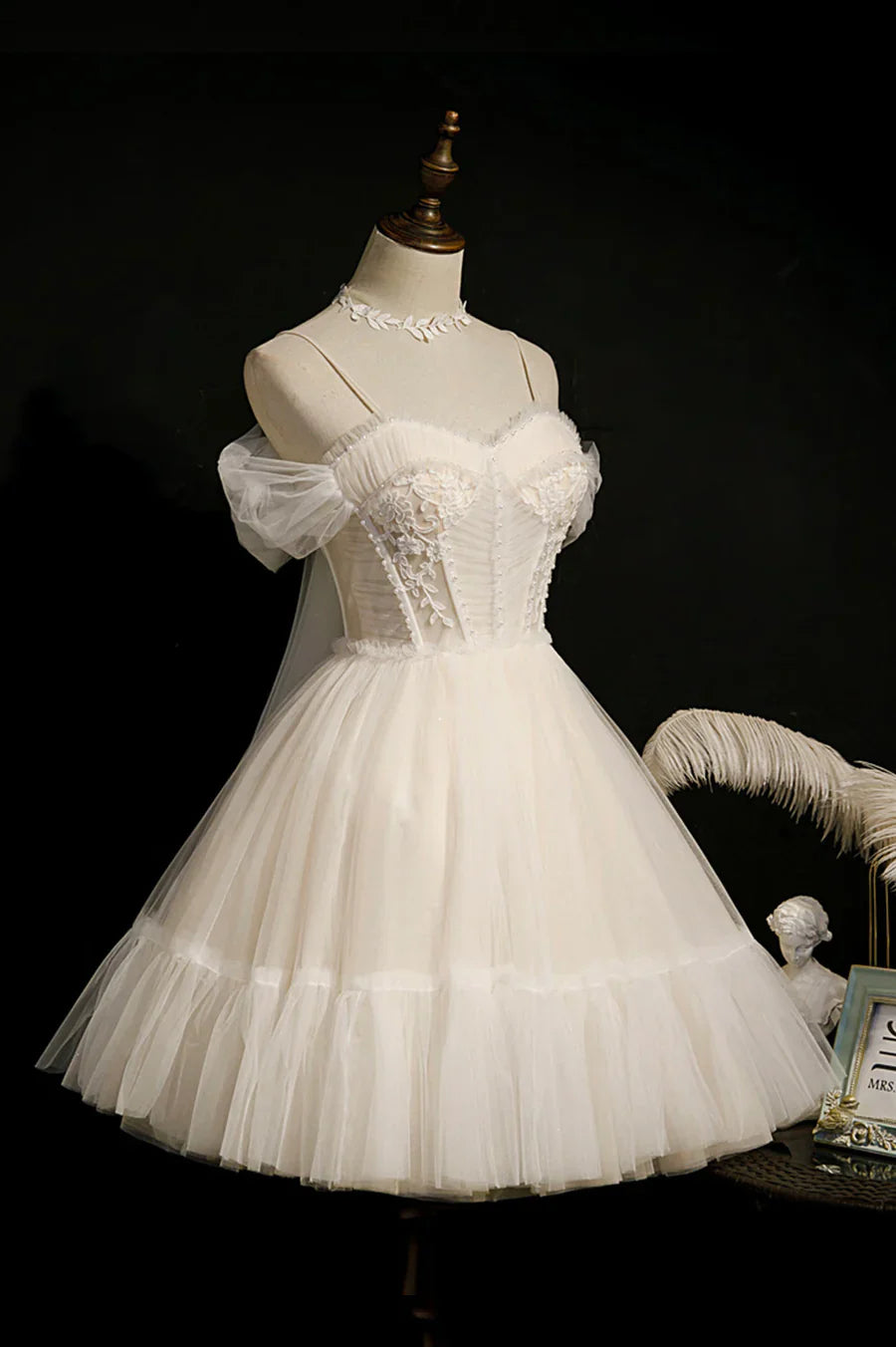 Cute Spaghetti Strap Lace Short Party Dresses, A-Line Evening Dresses TP888