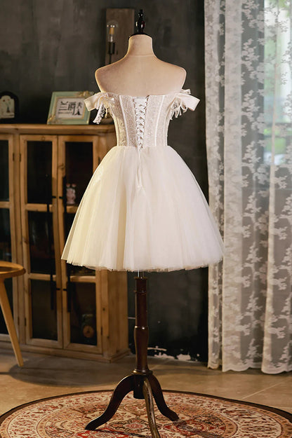 A-Line Tulle Short Prom Dress, Cute Champagne Off the Shoulder Party Dresses TP897
