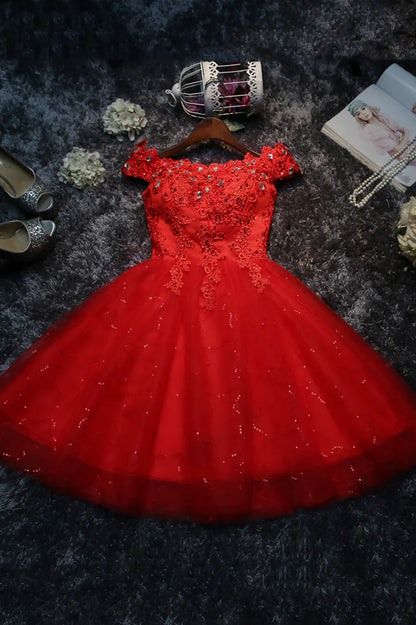 Cute Lace Short A-Line Prom Dresses, Off the Shoulder Party Dresses TP900