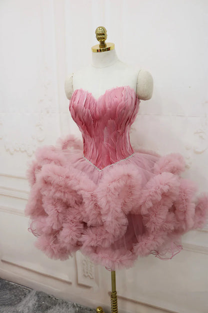 Pink Sweetheart Neck Short Prom Dress, A Line Party Dress with Feather TP904