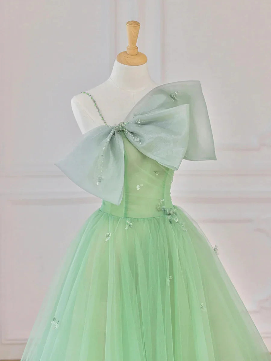 Green Tulle Short Prom Dress, A-Line Evening Dress with Bow TP907