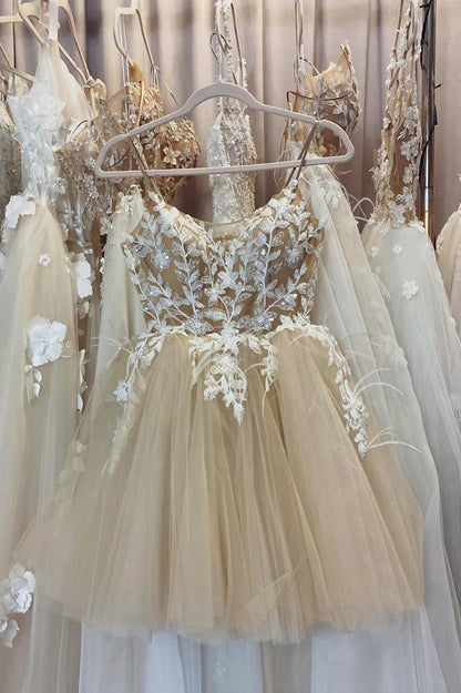 Champagne Spaghetti Lace Short Prom Dresses, A-Line Party Dresses TP912