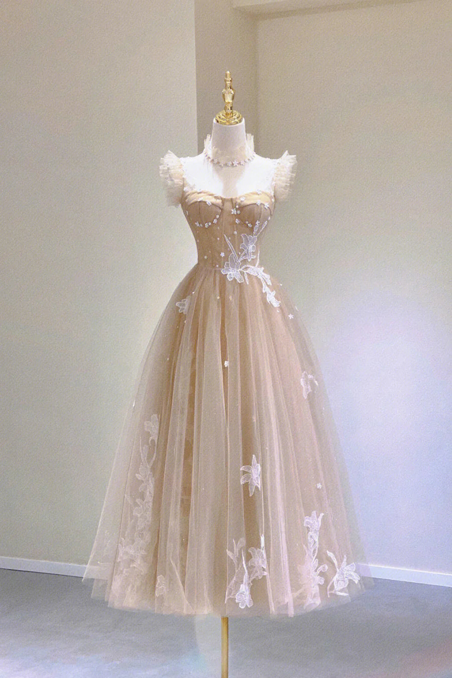 Champagne Lace Tea Length Prom Dresses, A-Line Evening Dresses TP914