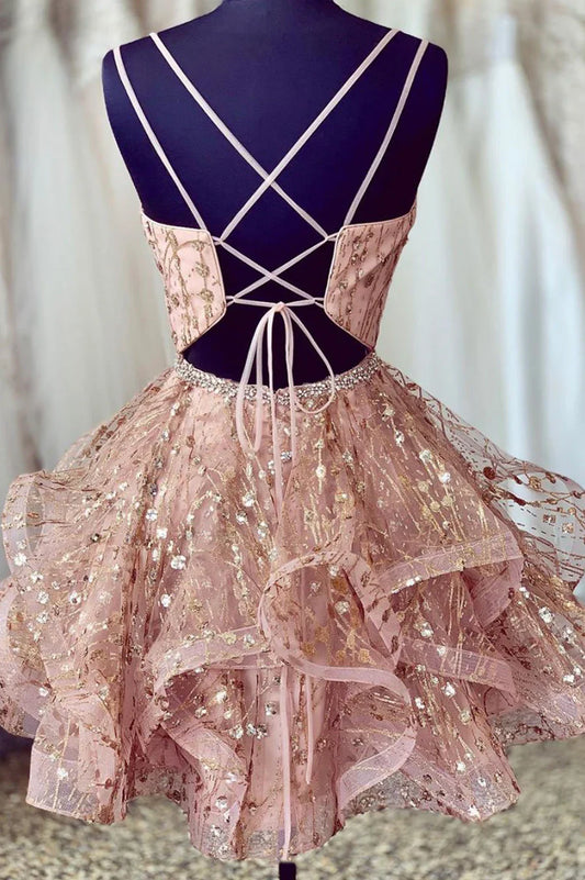 Pink V-Neck Tulle Short Prom Dresses, A-Line Mini Party Dresses TP918
