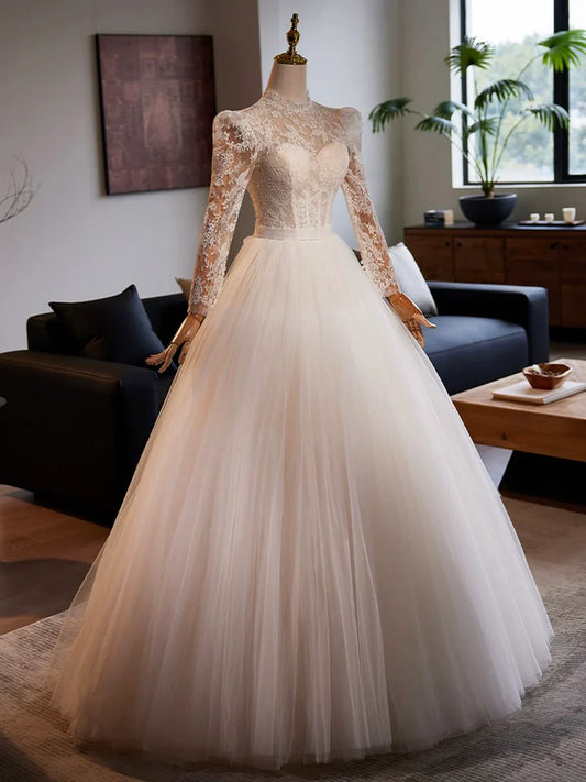 White Tulle Lace Floor Length A-Line Formal Dresses, Beautiful Long Sleeve Evening Party Dress TP930