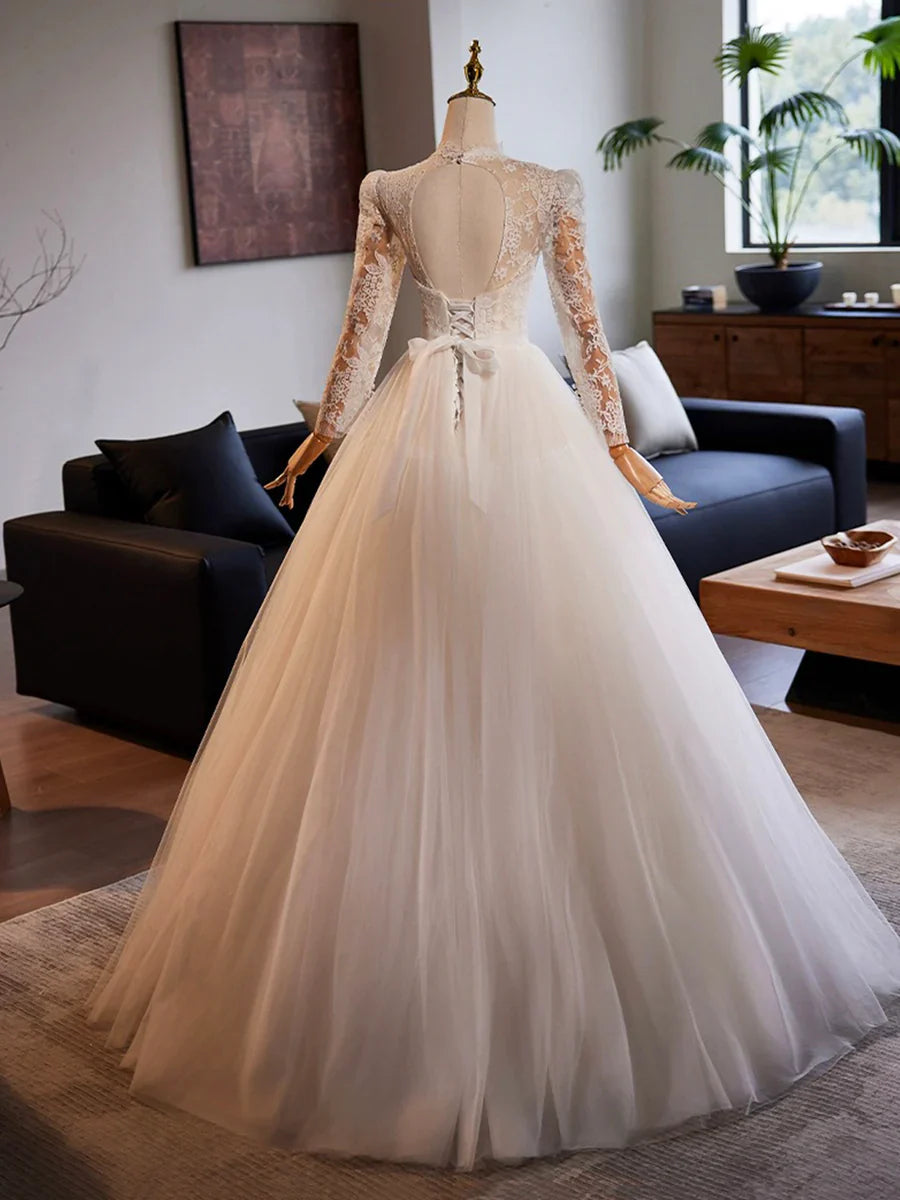 White Tulle Lace Floor Length A-Line Formal Dresses, Beautiful Long Sleeve Evening Party Dress TP930