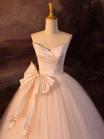 Champagne Strapless Tulle Long Prom Dress, Beautiful A-Line Formal Evening Dress TP932
