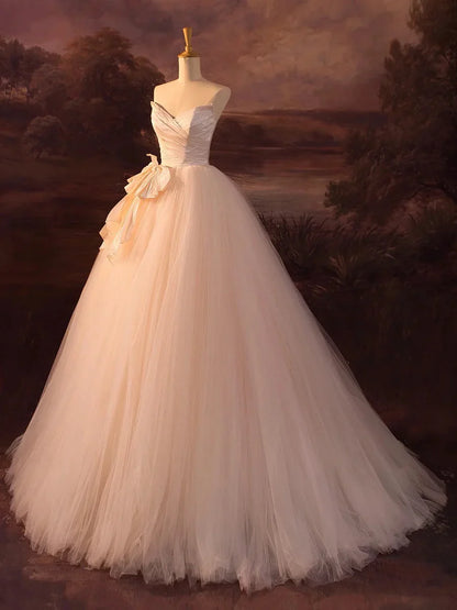 Champagne Strapless Tulle Long Prom Dress, Beautiful A-Line Formal Evening Dress TP932
