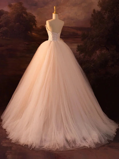 Champagne Strapless Tulle Long Prom Dress, Beautiful A-Line Formal Evening Dress TP932