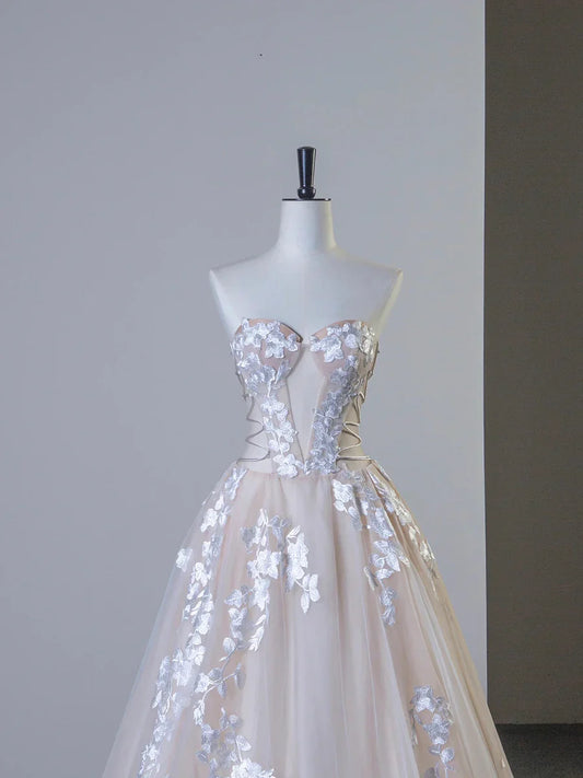 Champagne Tulle Lace Long Prom Dress, Elegant Strapless A-Line Formal Evening Dress TP935