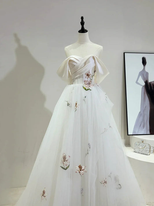 Beautiful Tulle Lace Long Prom Dress, Off the Shoulder Evening Party Dress TP936