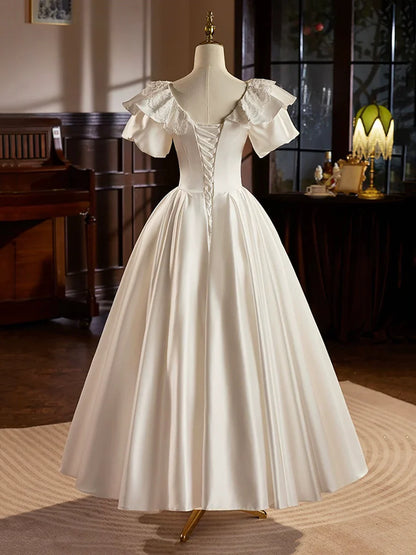 Retro Satin Tea Length Prom Dress with Lace, White A-Line Evening Party Dress TP940