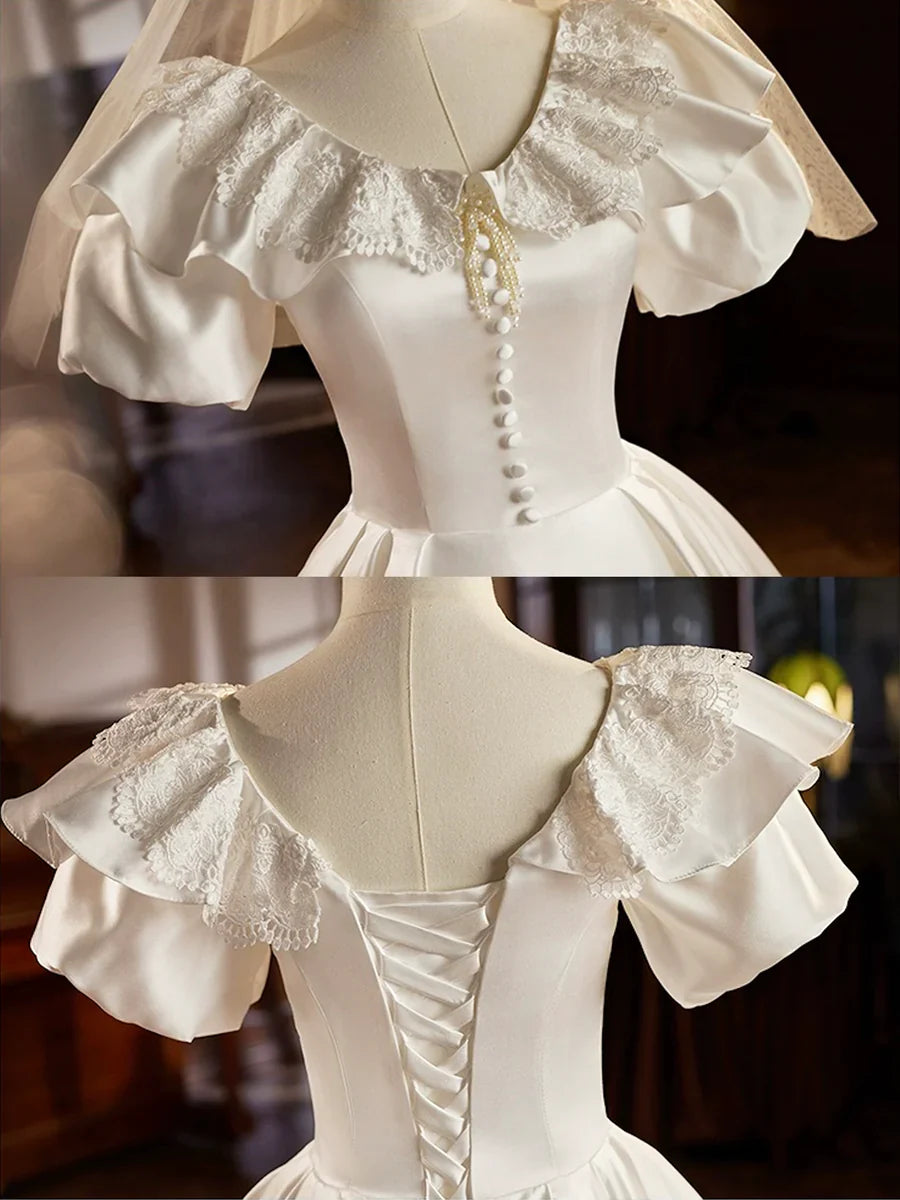 Retro Satin Tea Length Prom Dress with Lace, White A-Line Evening Party Dress TP940