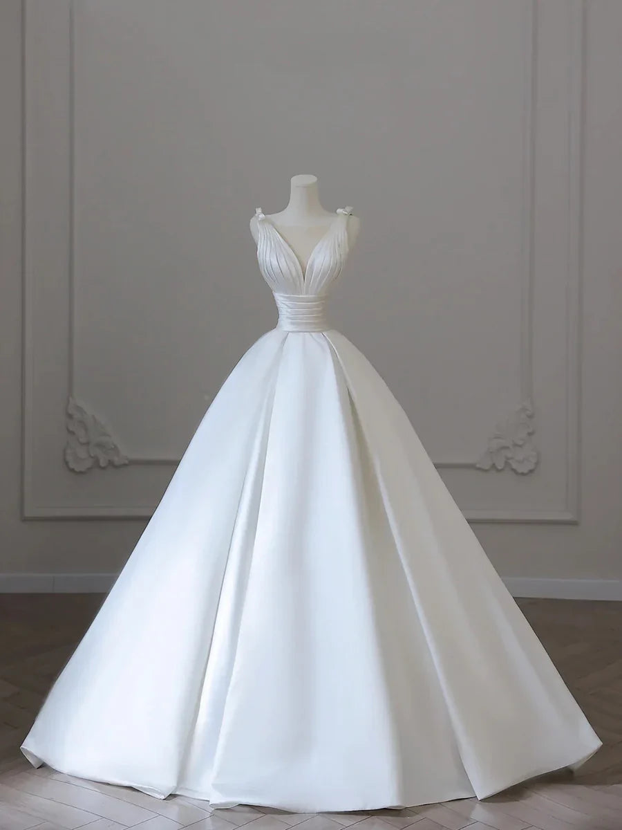 White V-Neck Satin Long Formal Dress, Elegant A-Line Wedding Party Dress TP941