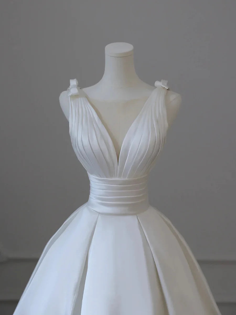 White V-Neck Satin Long Formal Dress, Elegant A-Line Wedding Party Dress TP941