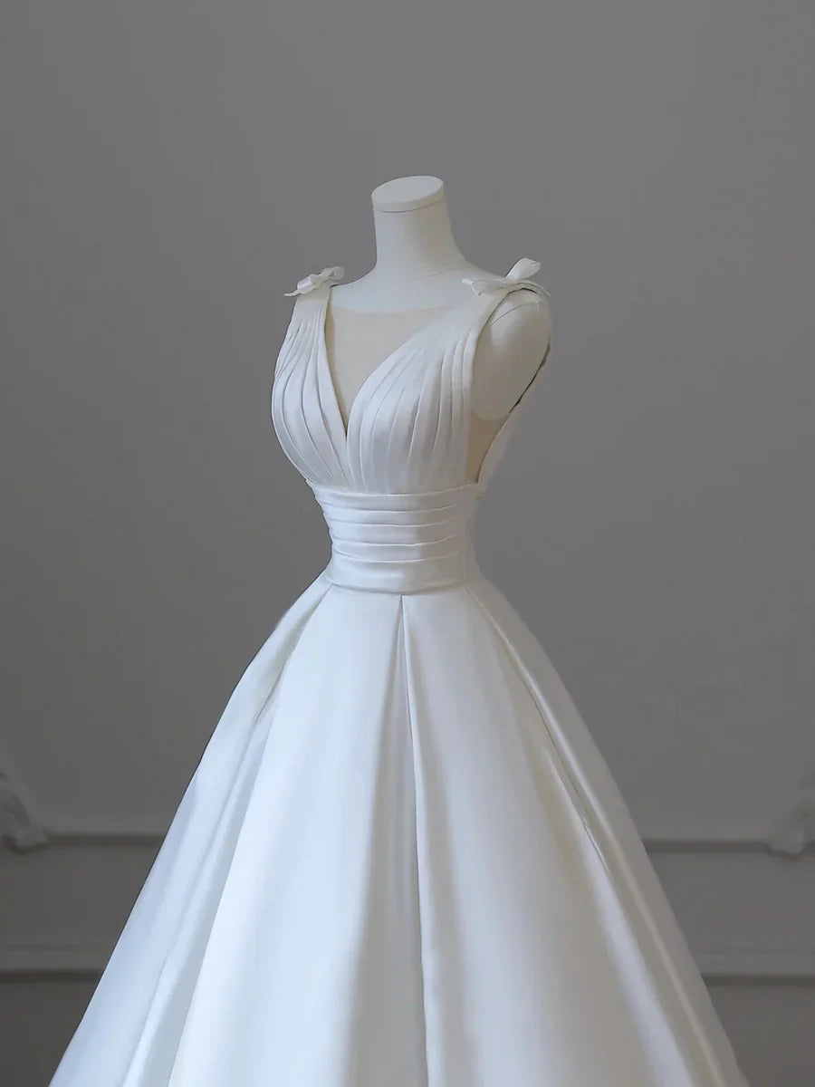 White V-Neck Satin Long Formal Dress, Elegant A-Line Wedding Party Dress TP941