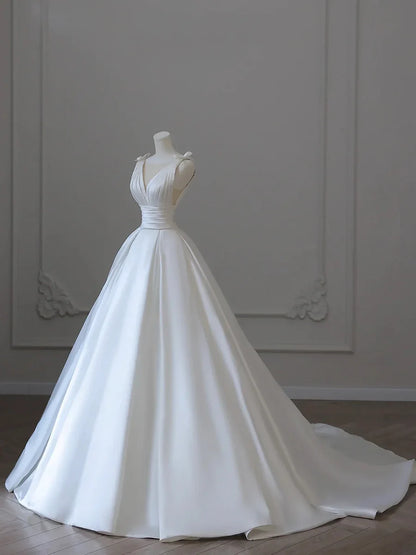 White V-Neck Satin Long Formal Dress, Elegant A-Line Wedding Party Dress TP941