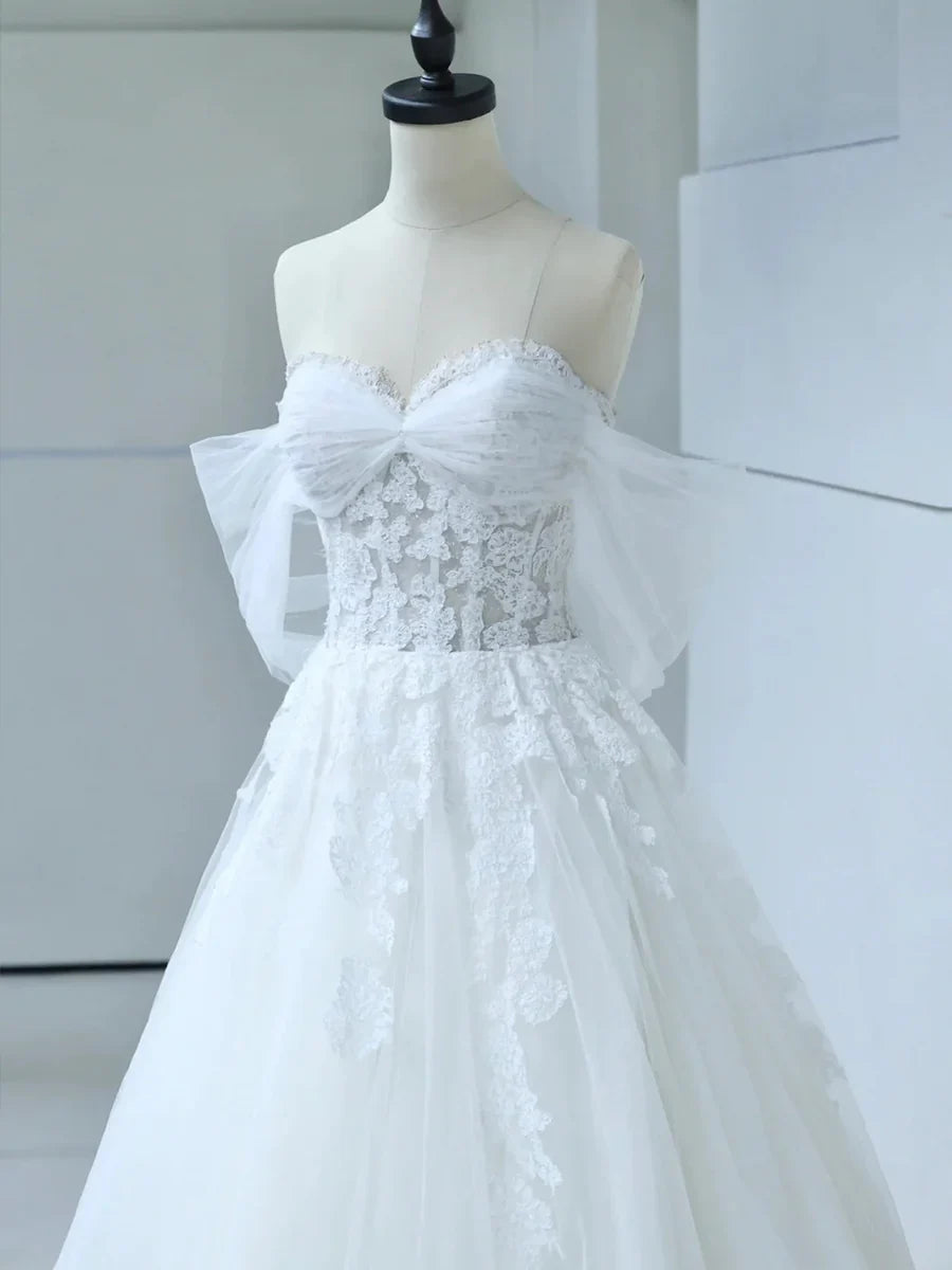 White Tulle Lace Long Prom Dress with Corset, Off the Shoulder Sweetheart Evening Dress TP943