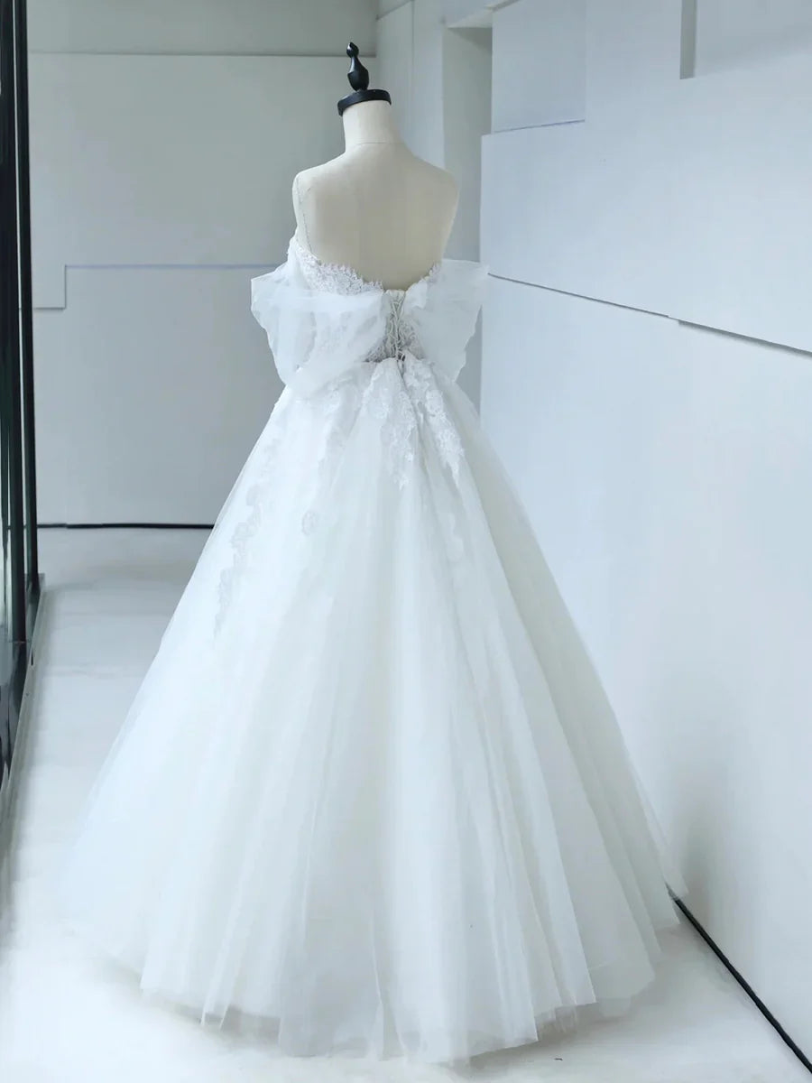 White Tulle Lace Long Prom Dress with Corset, Off the Shoulder Sweetheart Evening Dress TP943