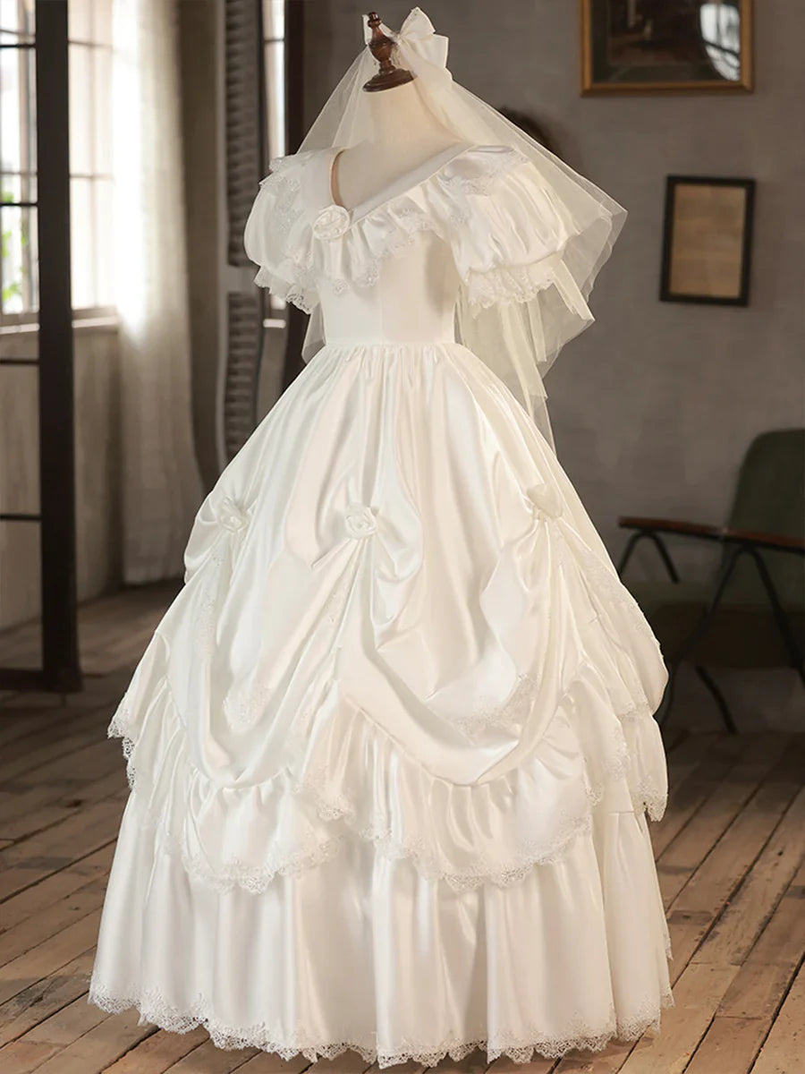 White V-Neck Satin Long Prom Dress, Lace Wedding Dress TP945