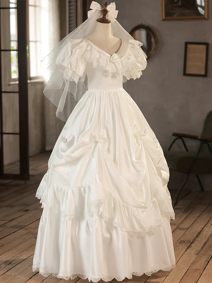 White V-Neck Satin Long Prom Dress, Lace Wedding Dress TP945