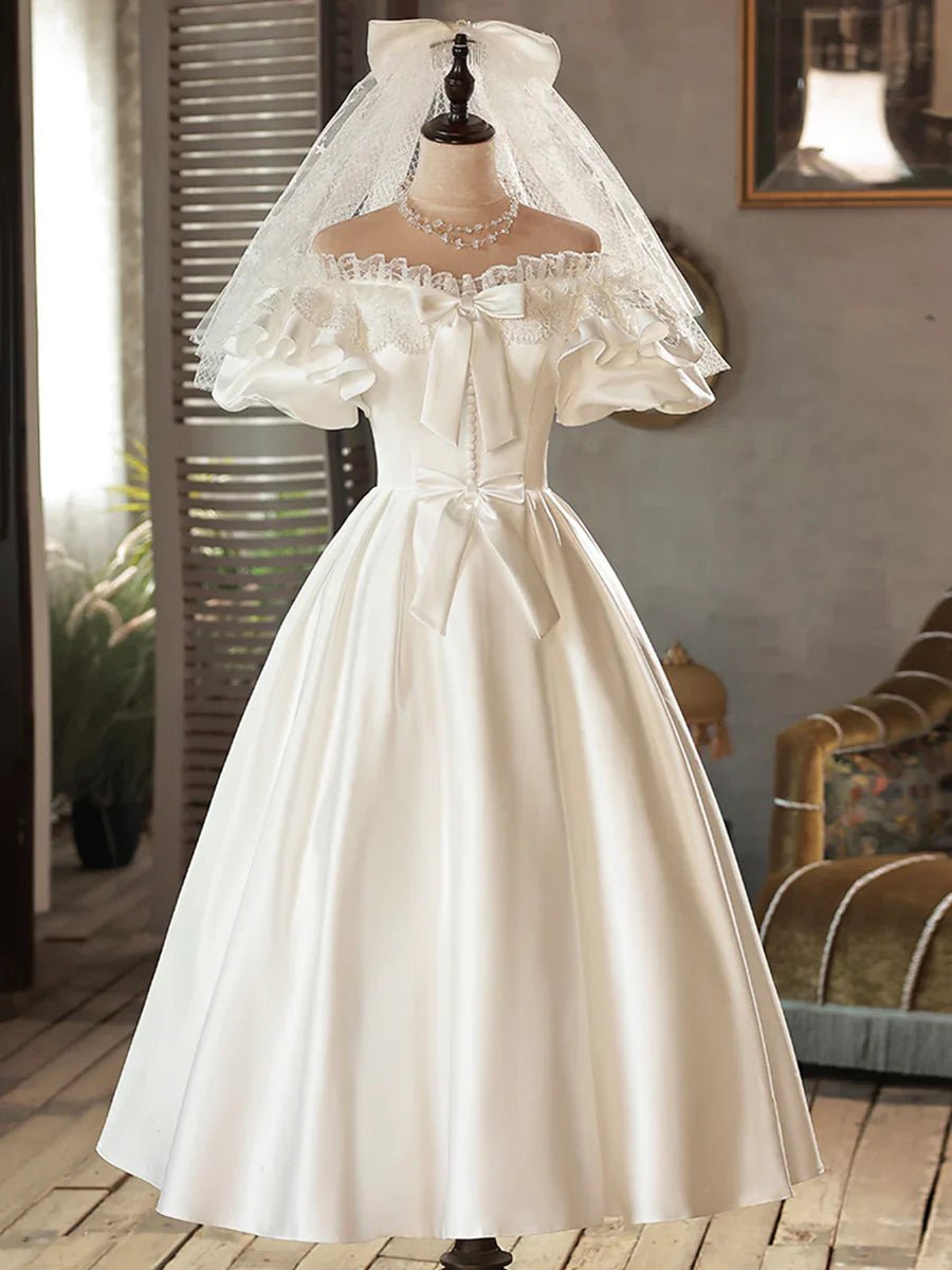 White Satin Lace Short Prom Dress, White Evening Dress, Wedding Dress TP947