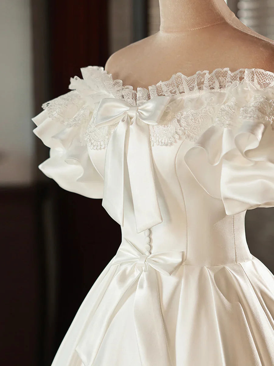 White Satin Lace Short Prom Dress, White Evening Dress, Wedding Dress TP947