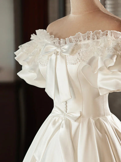White Satin Lace Short Prom Dress, White Evening Dress, Wedding Dress TP947